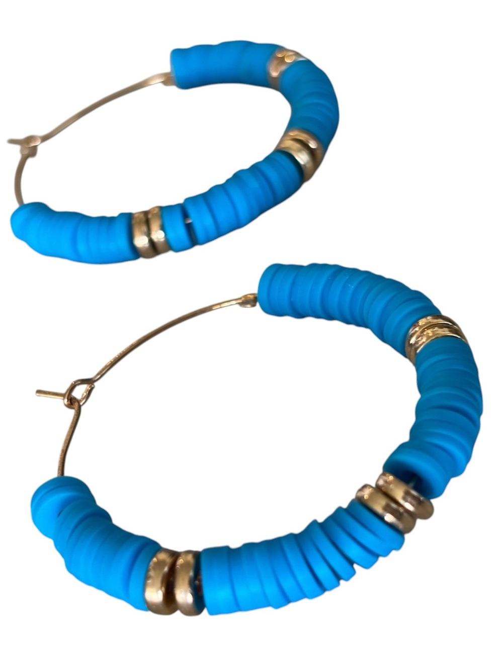 NWT Boho Gold Hoop Earrings with Bright Blue Disc Beads - Picture 2 of 4